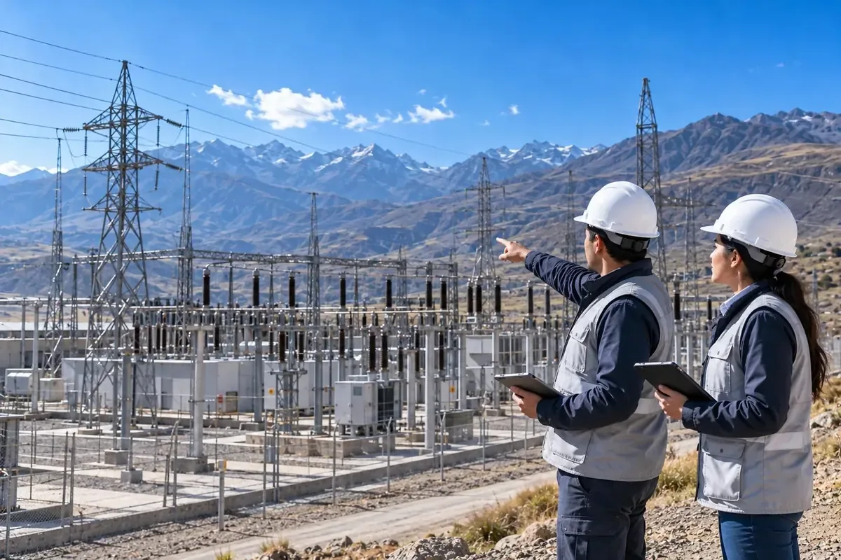 Técnicos revisando una subestación eléctrica